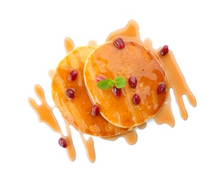 Photo of Delicious pancakes with pomegranate and honey on white background