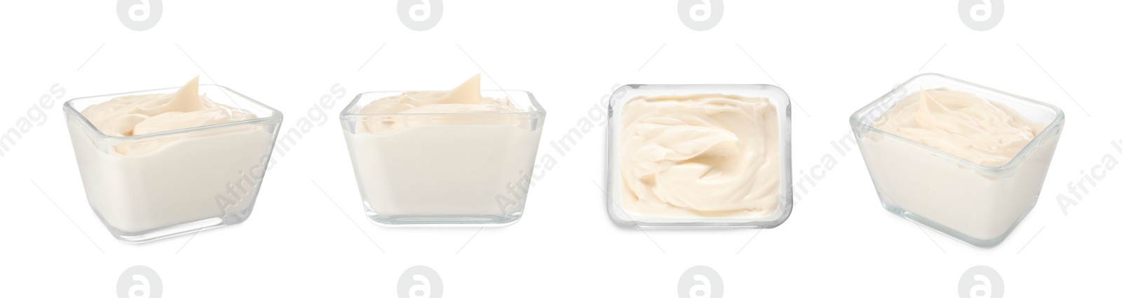 Image of Set with tasty mayonnaise on white background. Banner design