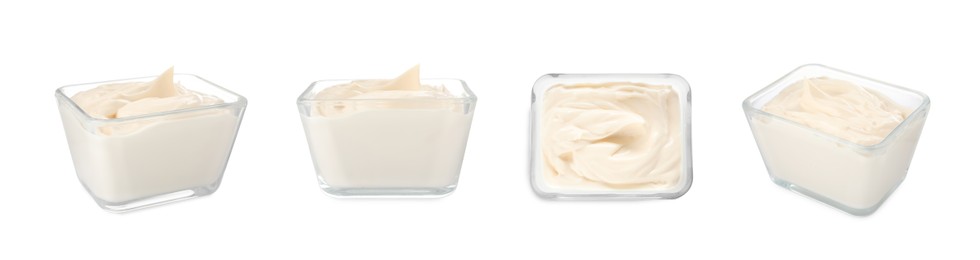 Image of Set with tasty mayonnaise on white background. Banner design