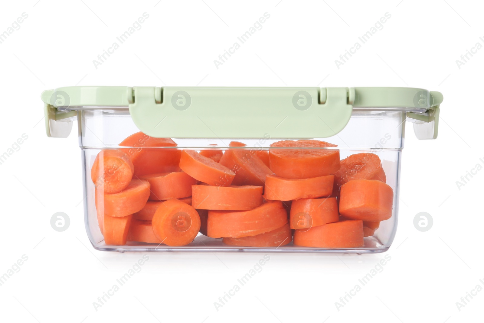 Photo of Box with cut fresh raw carrots on white background