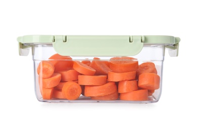 Photo of Box with cut fresh raw carrots on white background