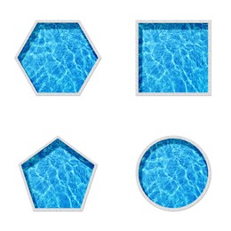 Image of Set with swimming pools of different shapes on white background, top view