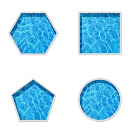 Set with swimming pools of different shapes on white background, top view