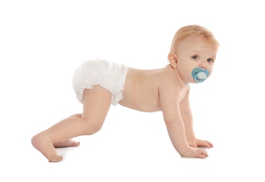 Cute little baby crawling on white background