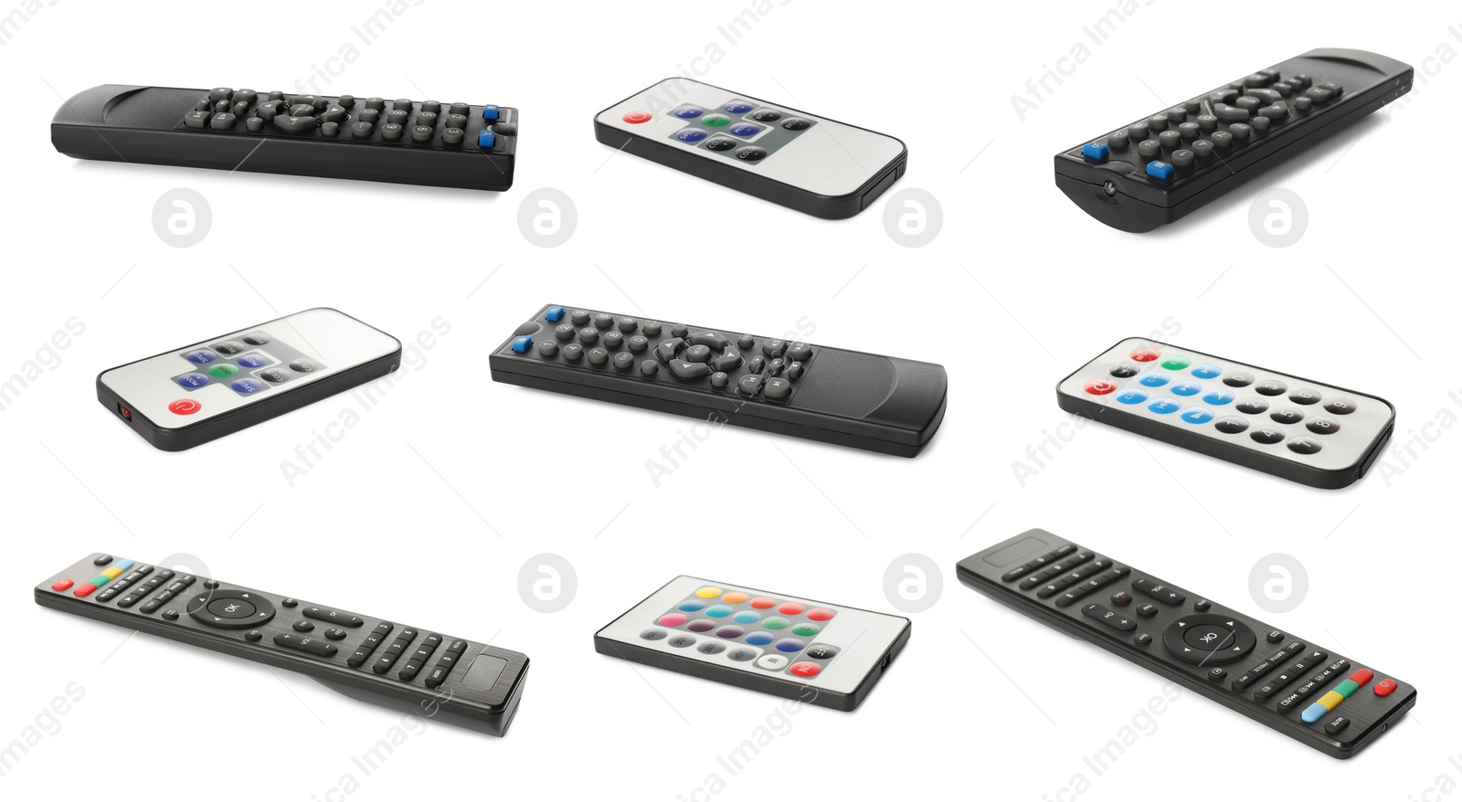 Image of Collage of different remote controllers on white background