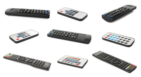 Image of Collage of different remote controllers on white background