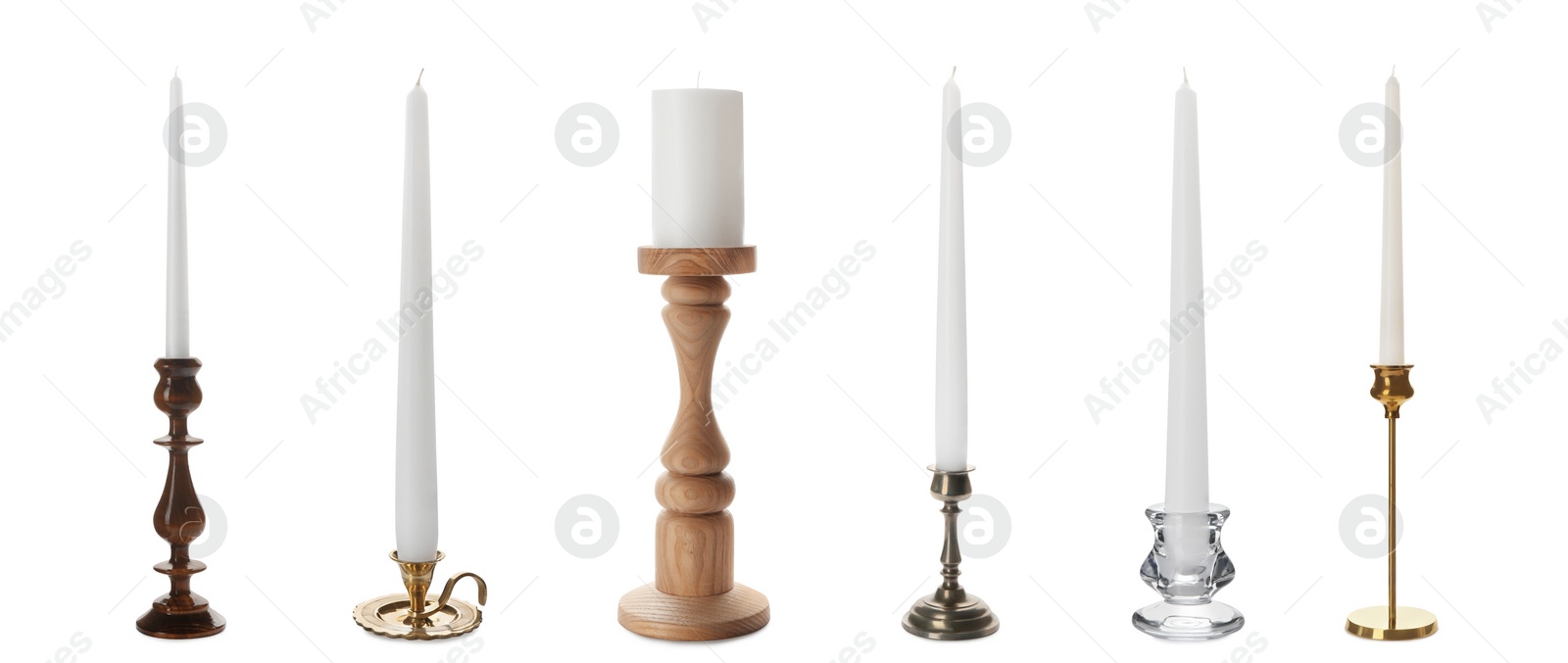 Image of Set with different stylish candlesticks on white background, banner design