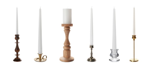 Image of Set with different stylish candlesticks on white background, banner design