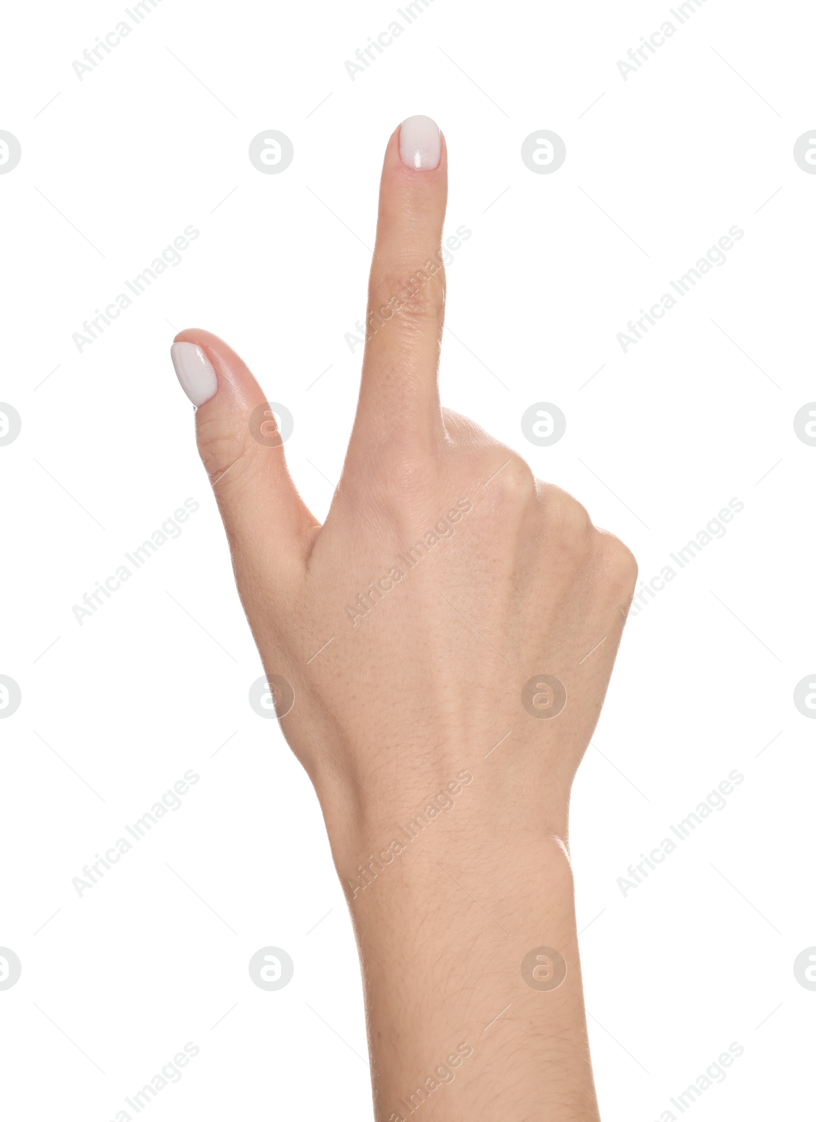 Photo of Woman pointing at something against white background, closeup on hand