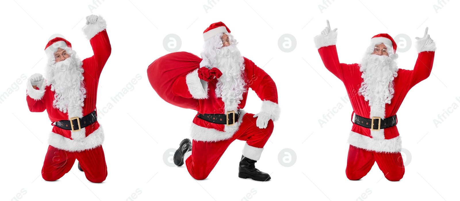 Image of Santa Claus on white background, set of photos. Christmas celebration