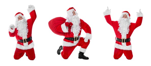 Santa Claus on white background, set of photos. Christmas celebration