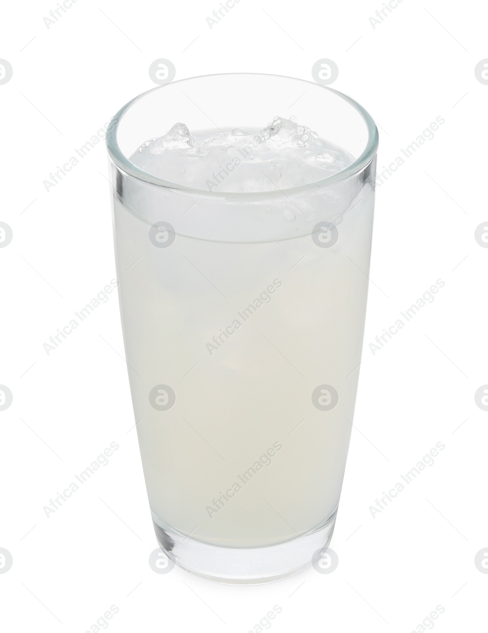 Photo of Glass of coconut water with ice cubes isolated on white