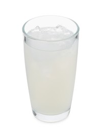 Photo of Glass of coconut water with ice cubes isolated on white