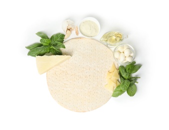 Composition with pizza crust and fresh ingredients isolated on white, top view