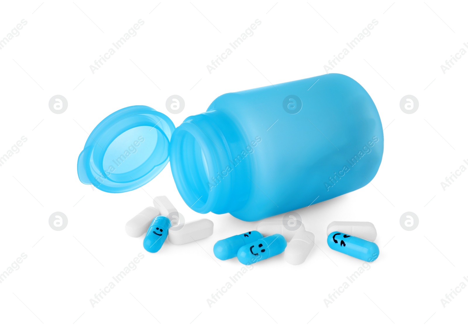 Photo of Antidepressants with happy emoticons and medical jar on white background