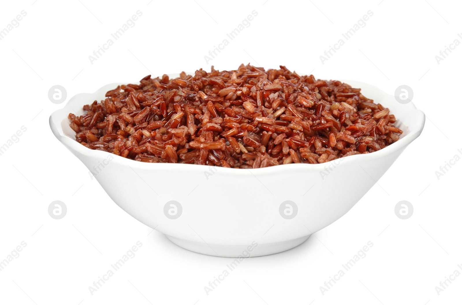 Photo of Bowl with delicious cooked brown rice on white background