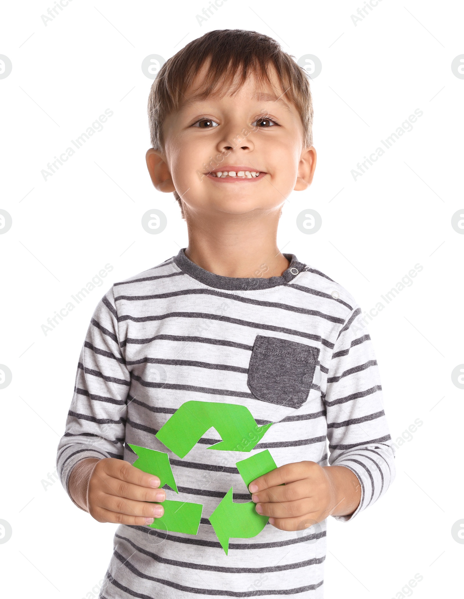 Photo of Little boy with recycling symbol on white background