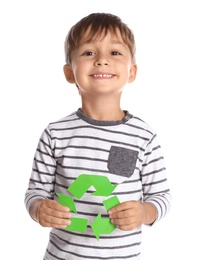 Photo of Little boy with recycling symbol on white background