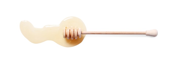 Tasty natural honey and dipper on white background, top view