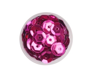 Photo of Magenta sequins on white background, top view