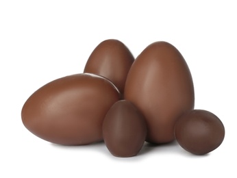 Photo of Tasty chocolate Easter eggs on white background