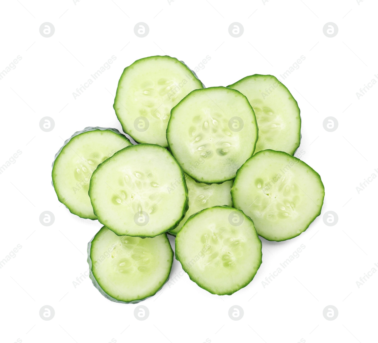 Photo of Slices of fresh cucumber on white background