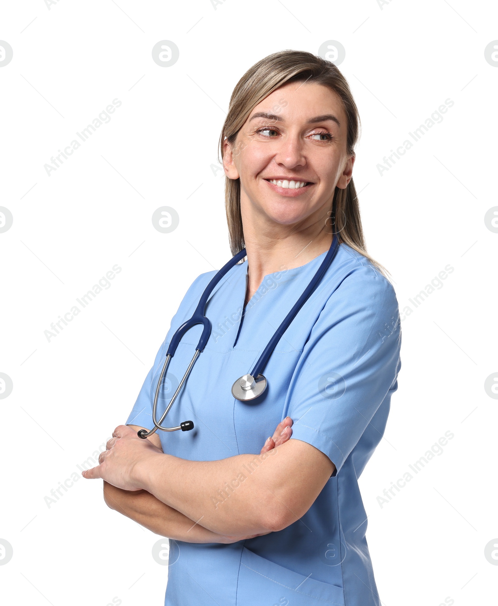 Photo of Portrait of happy doctor with stethoscope on white background