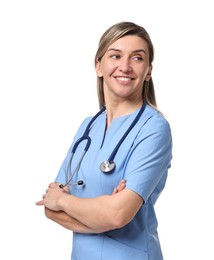 Photo of Portrait of happy doctor with stethoscope on white background