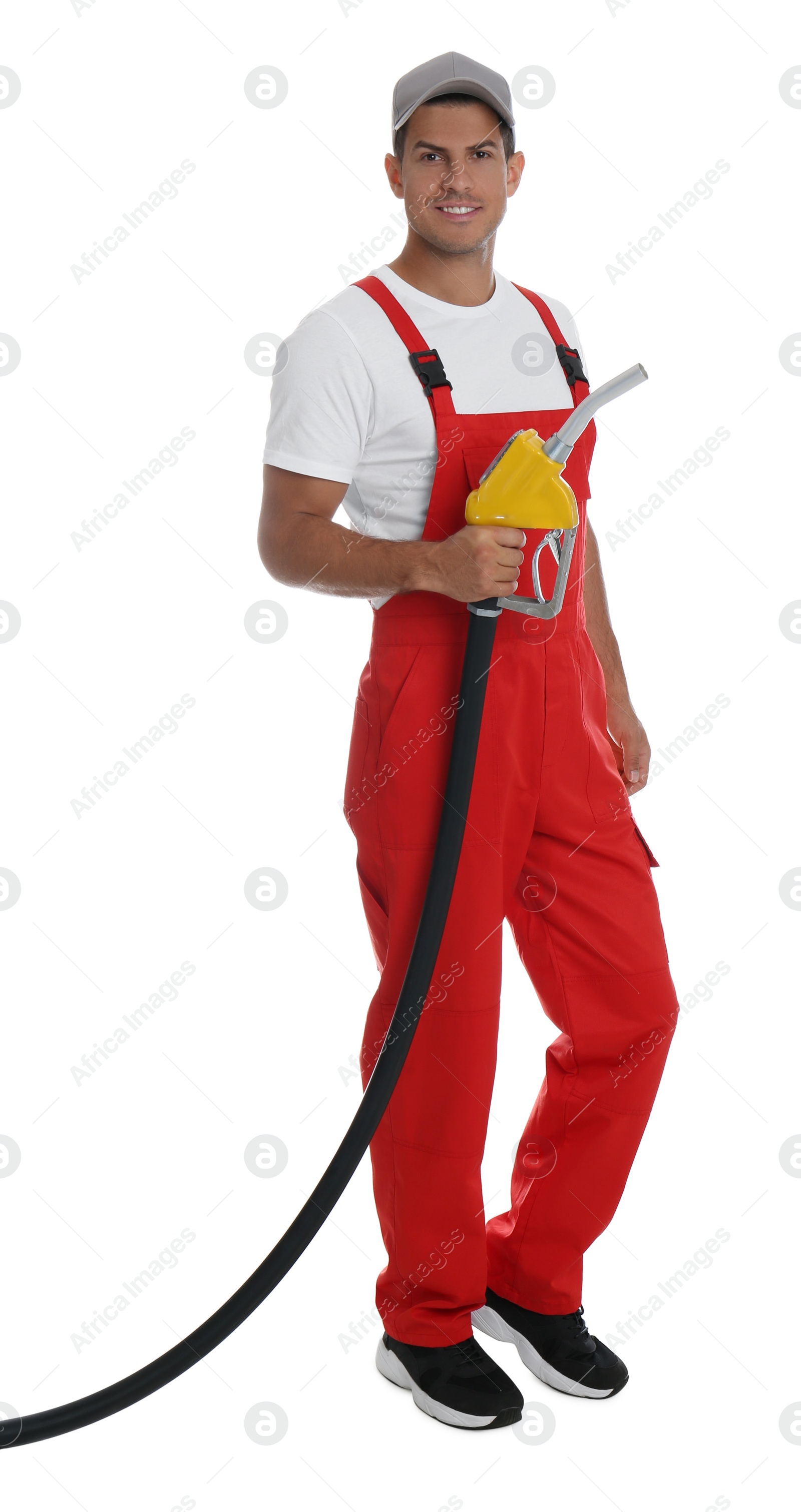 Photo of Gas station worker with fuel nozzle on white background