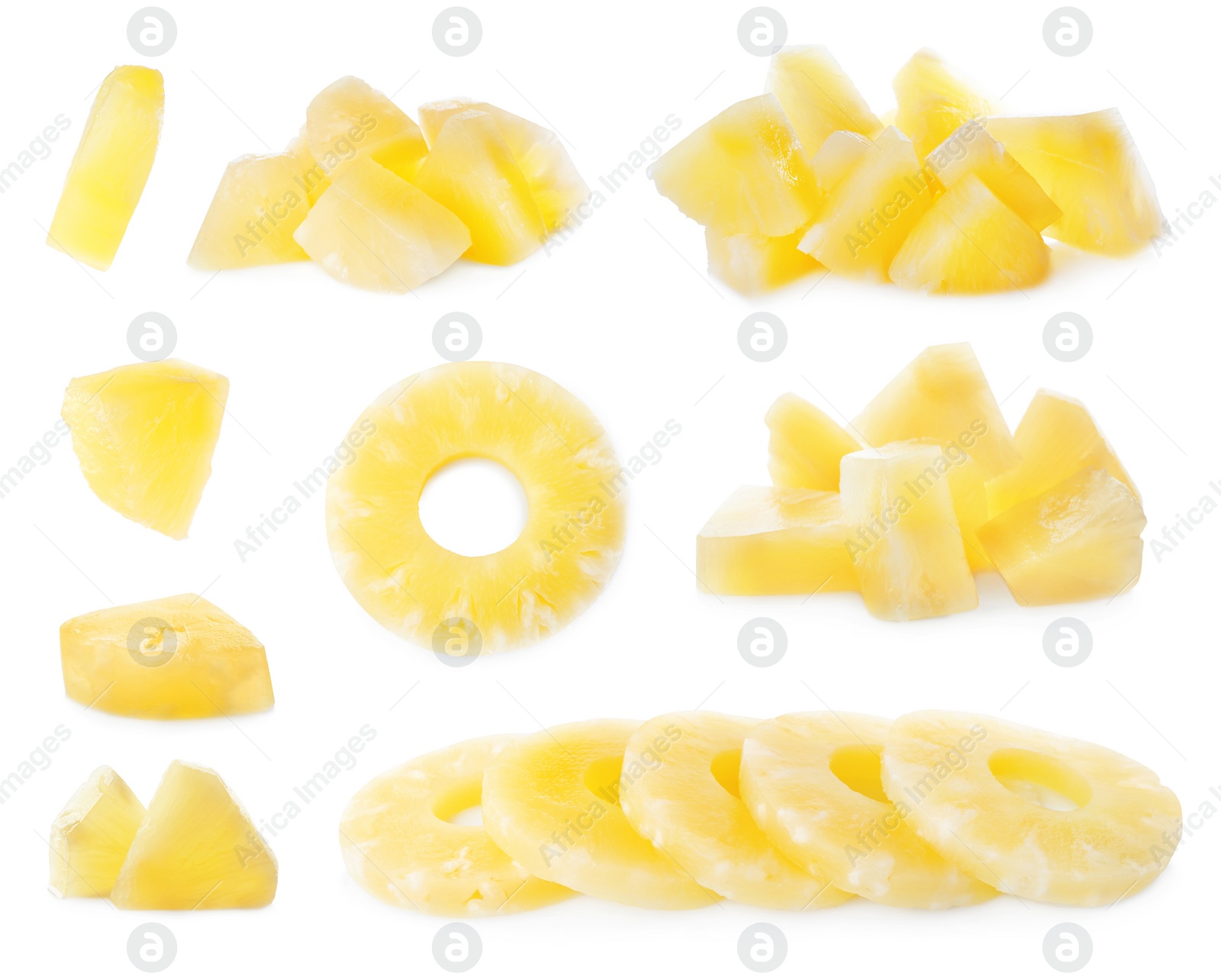 Image of Set of canned pineapple rings and pieces on white background