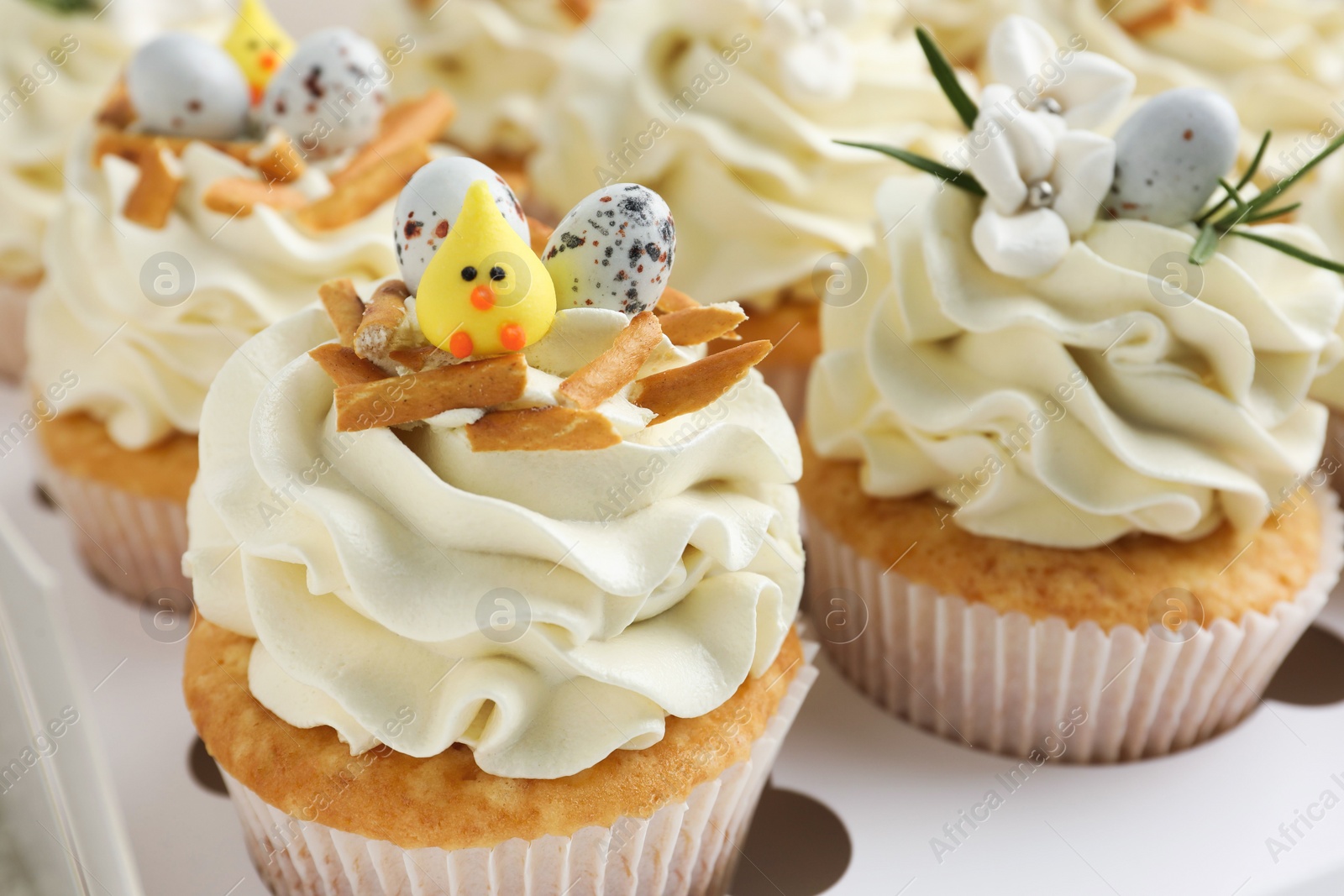 Photo of Tasty Easter cupcakes with vanilla cream in box, closeup