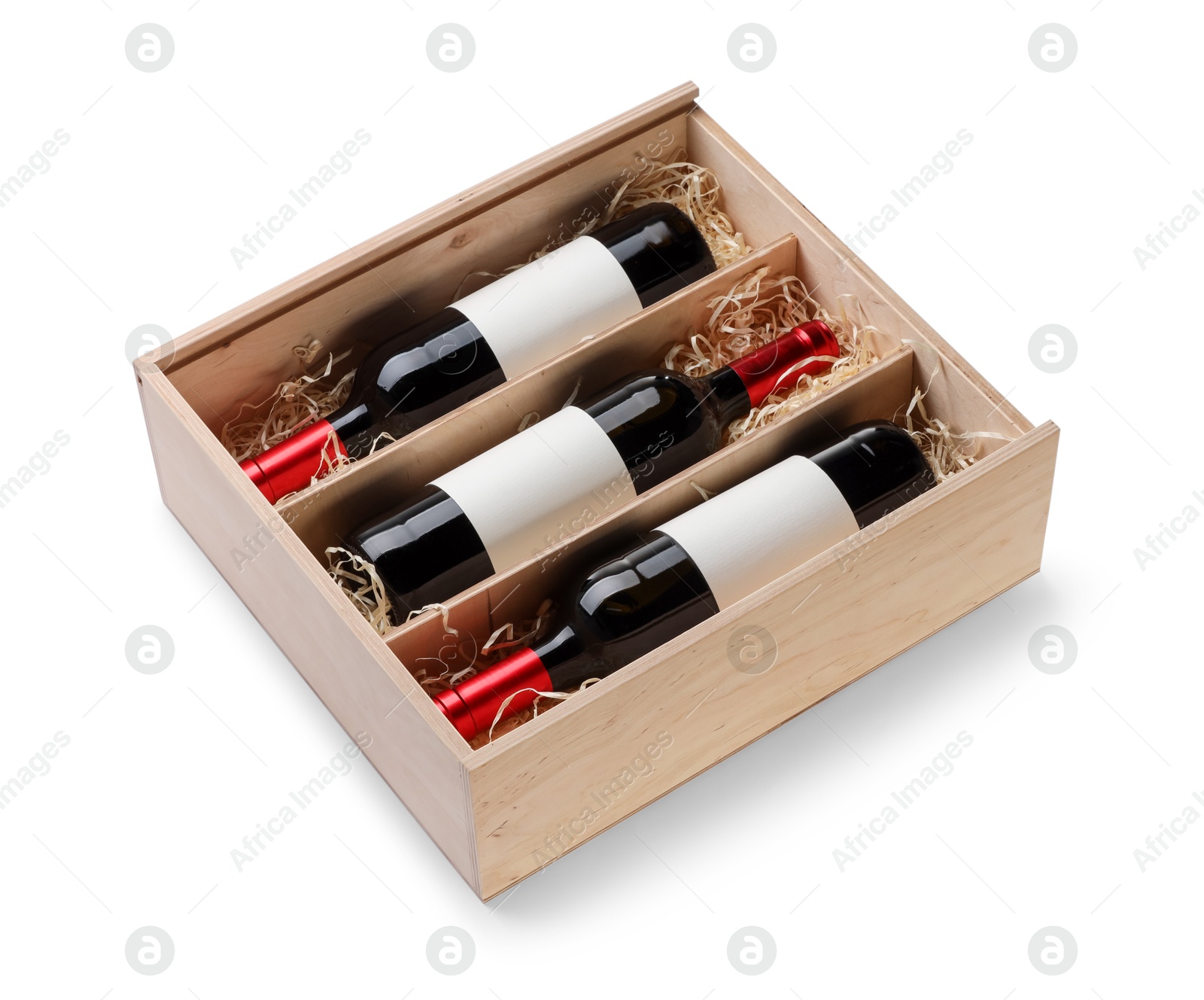 Photo of Wooden gift box with wine bottles isolated on white