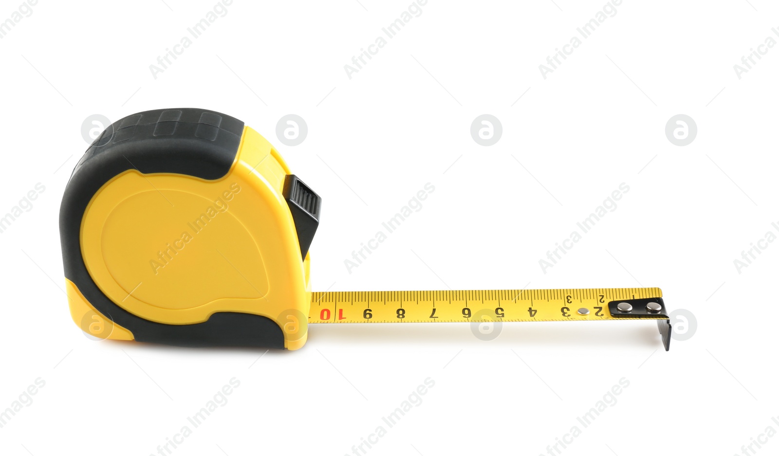 Photo of Metal measuring tape on white background. Construction tool