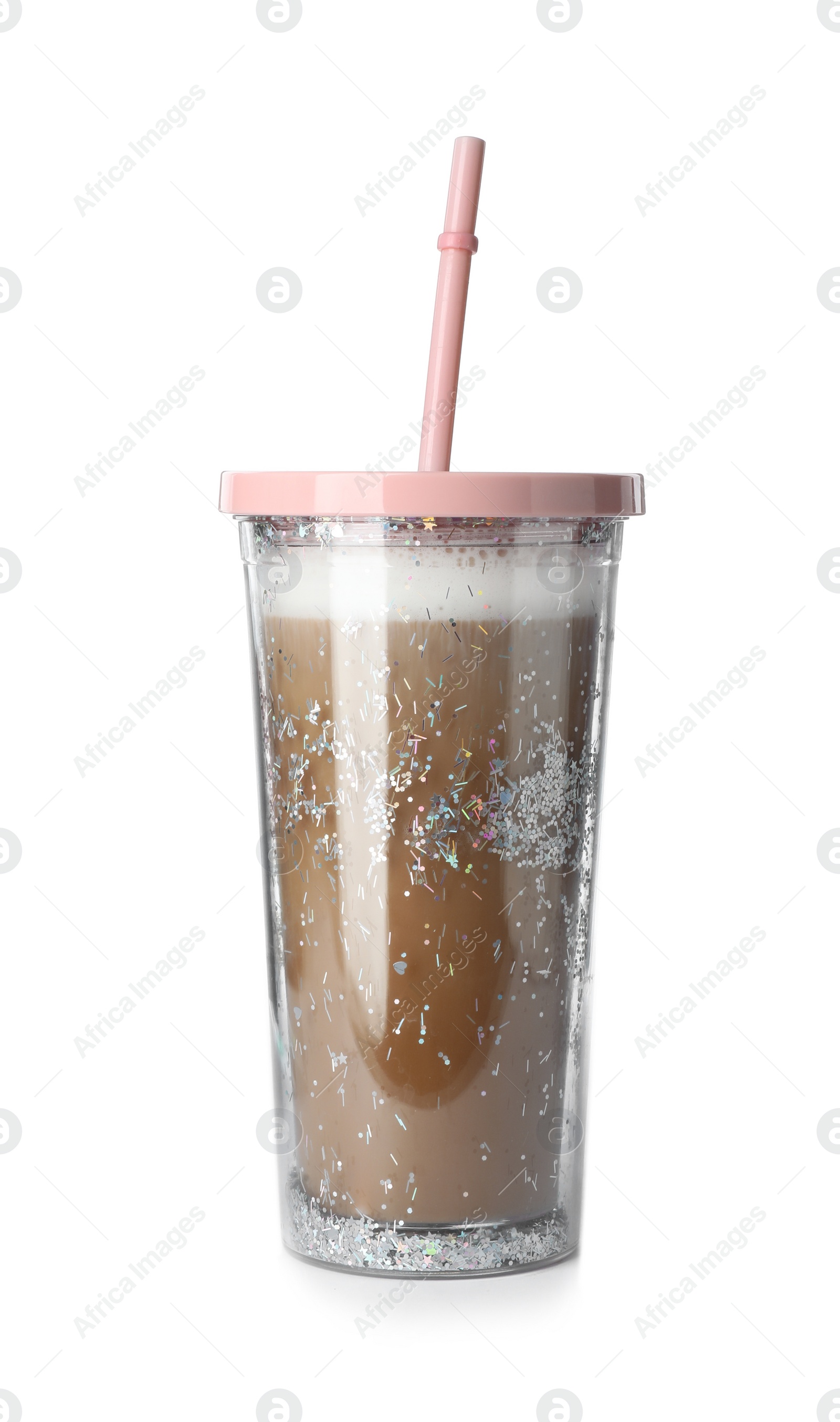 Photo of Glitter coffee tumbler with straw isolated on white