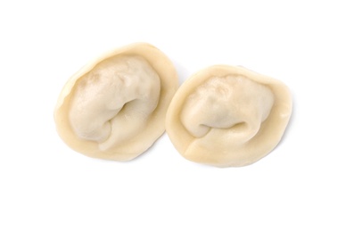 Photo of Fresh boiled dumplings on white background, top view