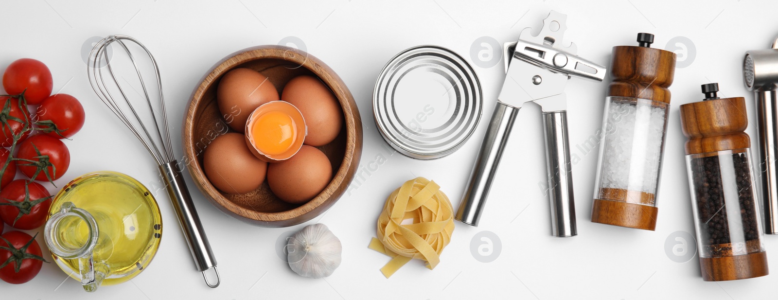 Image of Cooking utensils and ingredients on white background, flat lay. Banner design