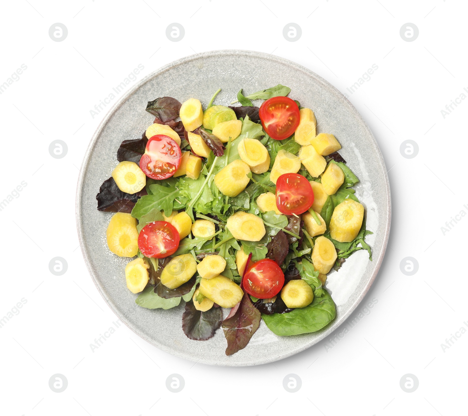 Photo of Delicious fresh carrot salad with cherry tomatoes isolated on white, top view