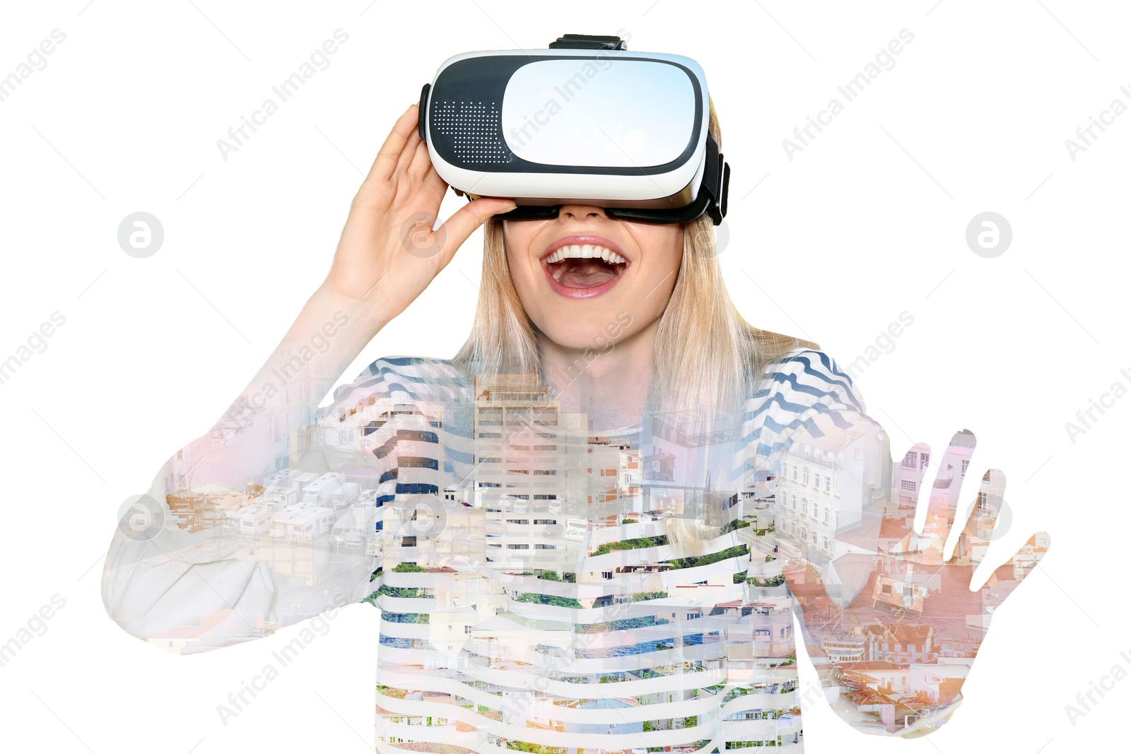 Image of Double exposure of woman using virtual reality headset and cityscape. Modern technology