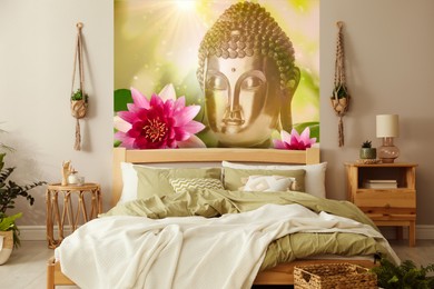 Image of Boho bedroom. Interior with comfortable bed and beautiful wallpapers