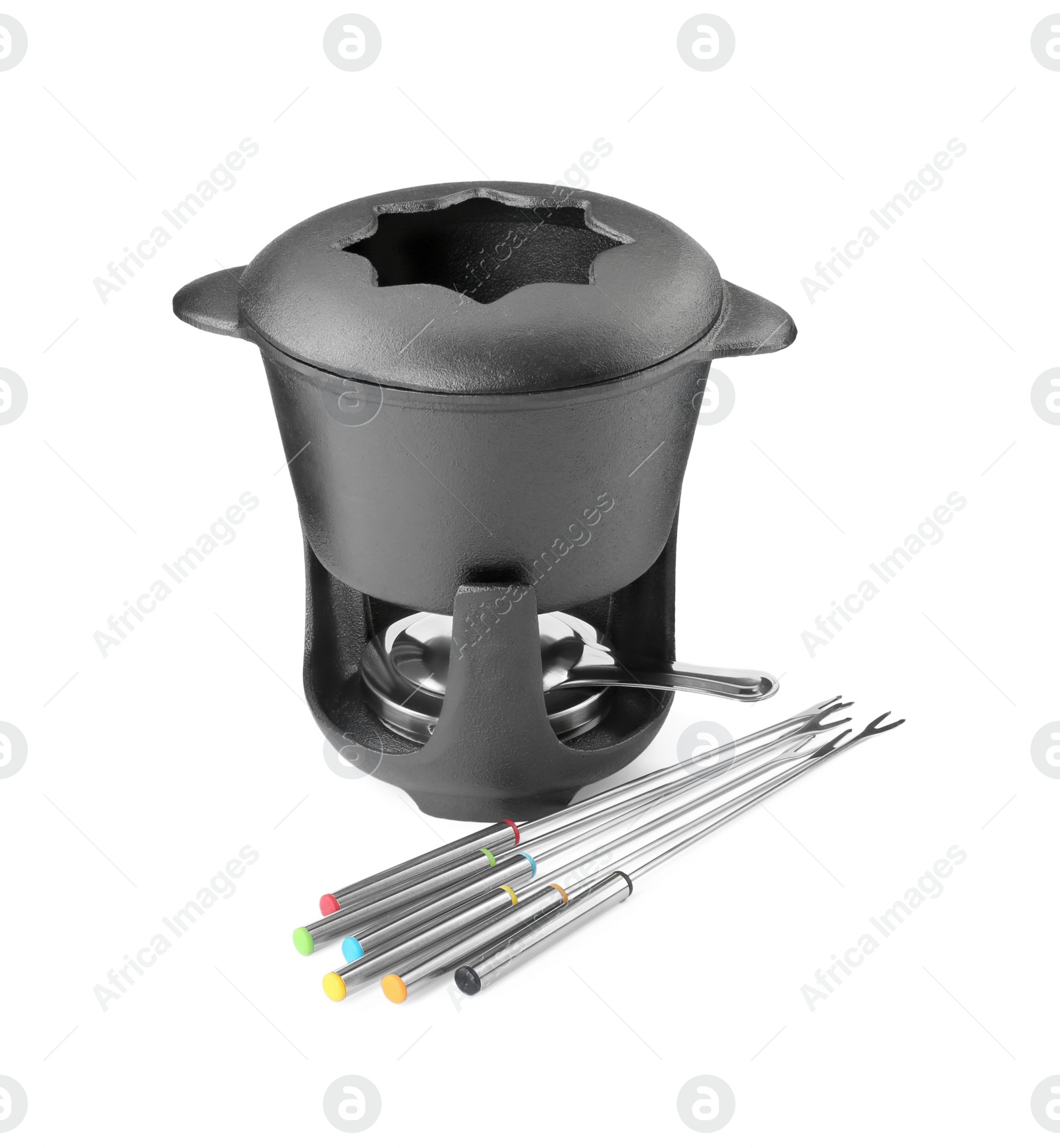 Photo of Fondue set isolated on white. Cooking utensils