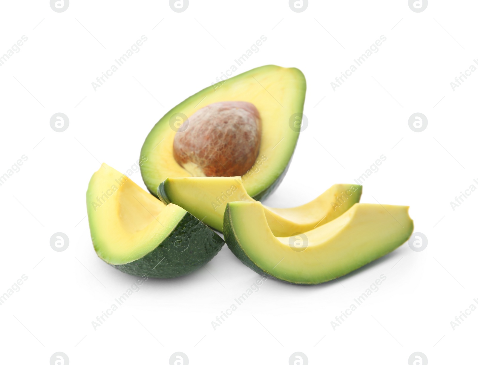 Photo of Slices of ripe avocado on white background