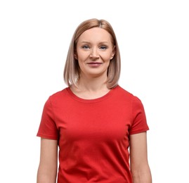 Photo of Beautiful woman in red t-shirt on white background