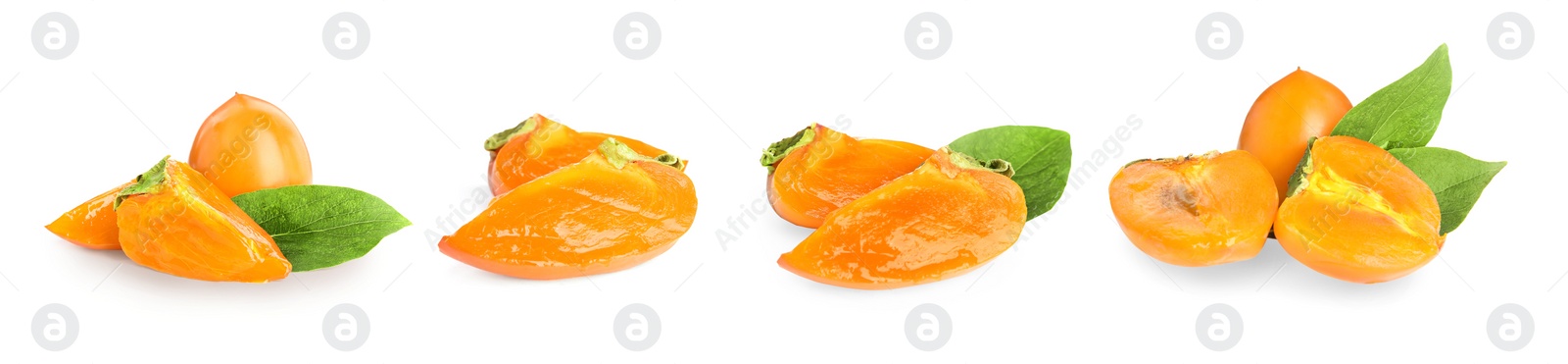 Image of Set of delicious fresh ripe persimmons on white background. Banner design