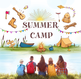 Image of Children at summer camp. Illustrations on background