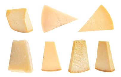 Image of Set with pieces of delicious parmesan cheese on white background 