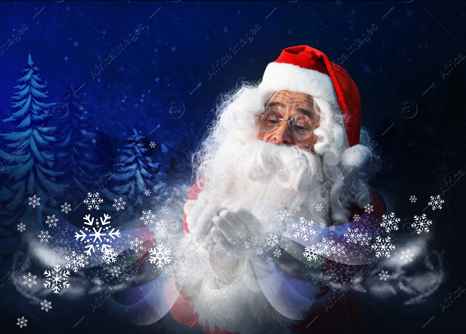 Image of Santa Claus blowing snow in winter forest. Christmas magic