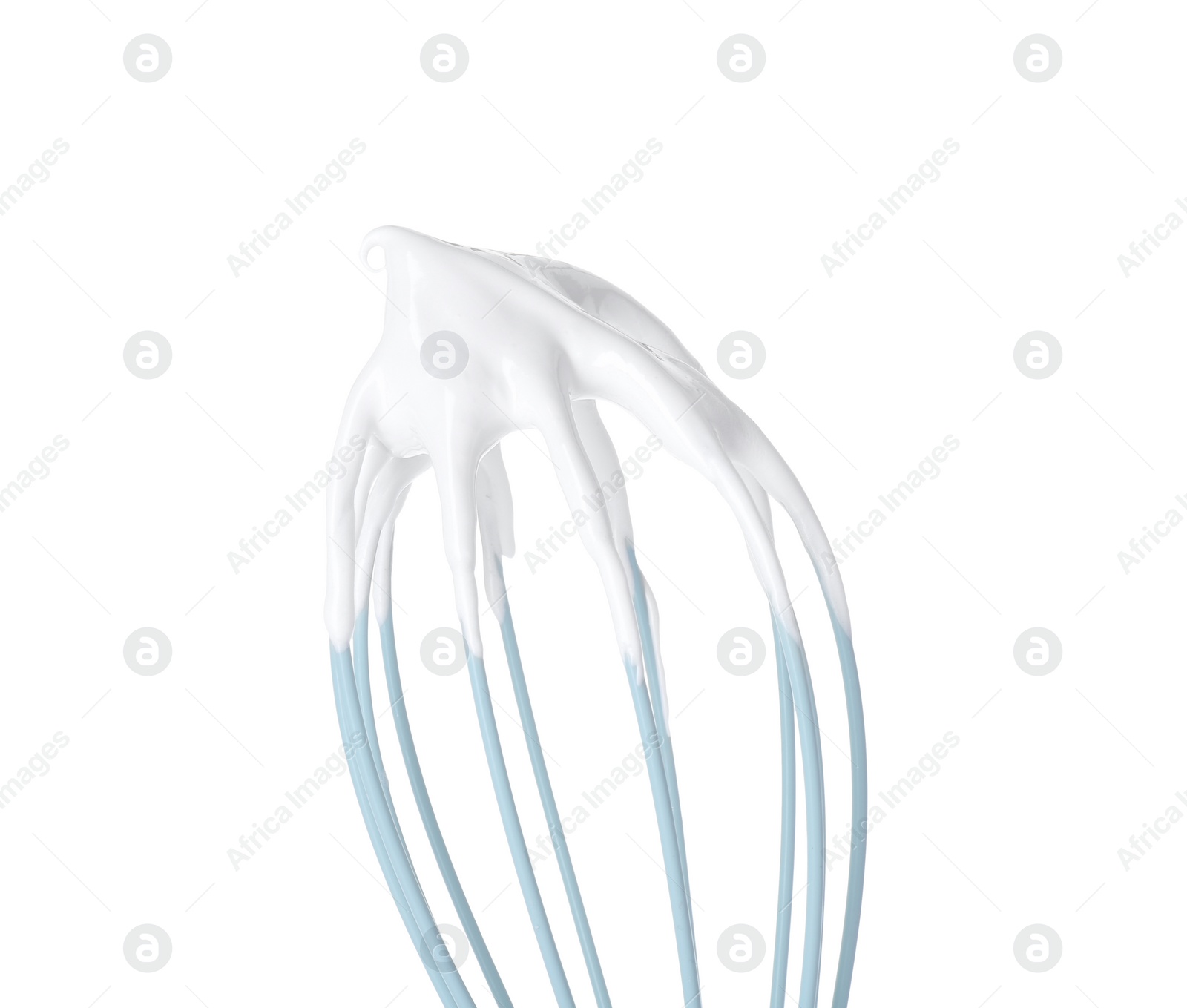 Photo of Whisk with whipped cream isolated on white