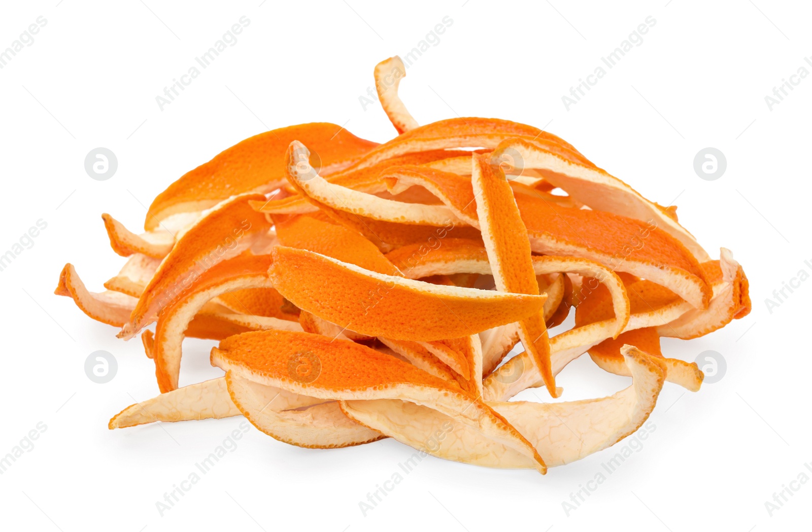 Photo of Pile of dry orange peels isolated on white