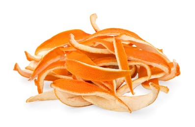 Pile of dry orange peels isolated on white