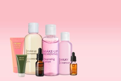 Image of Collection of different makeup removal products on pink background
